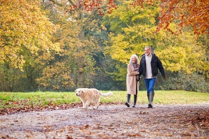 retired couple walking together outdoors with dog